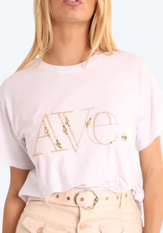 Gold Beaded Ave Tee - White