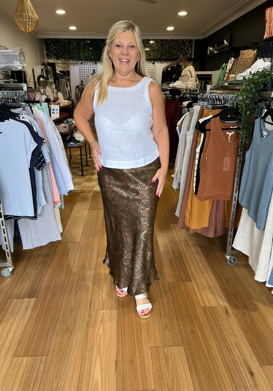 Paisley Satin Skirt - Olive