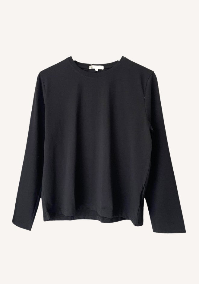 Athena Long Sleeve Basic in Black by Little Lies — classic black cotton spandex long sleeve tee, full length front view, a timeless wardrobe staple