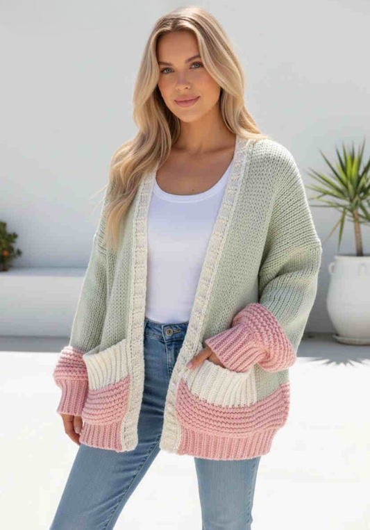 Candice Chunky Knit Cardi - Pink/ Green