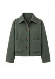 Mia Crop Jacket by Refuge — flat lay of forest green cropped jacket with button-up front, patch pockets and collared neckline, available in Australia at Kat and Ko Clothing
