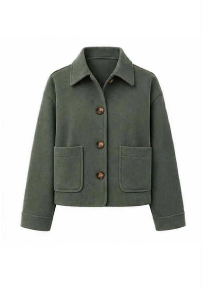 Mia Crop Jacket by Refuge — flat lay of forest green cropped jacket with button-up front, patch pockets and collared neckline, available in Australia at Kat and Ko Clothing