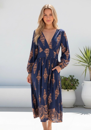 Madison Maxi Dress by Grace & Co. — front view of navy and bronze baroque print midi dress with deep V-neck, long balloon sleeves and button-through front, available in Australia at Kat and Ko Clothing