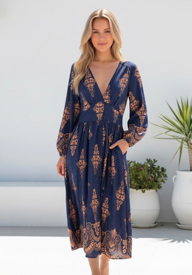 Madison Maxi Dress by Grace & Co. — front view of navy and bronze baroque print midi dress with deep V-neck, long balloon sleeves and button-through front, available in Australia at Kat and Ko Clothing
