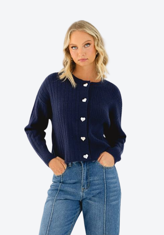 Heart Button Cardi - Navy