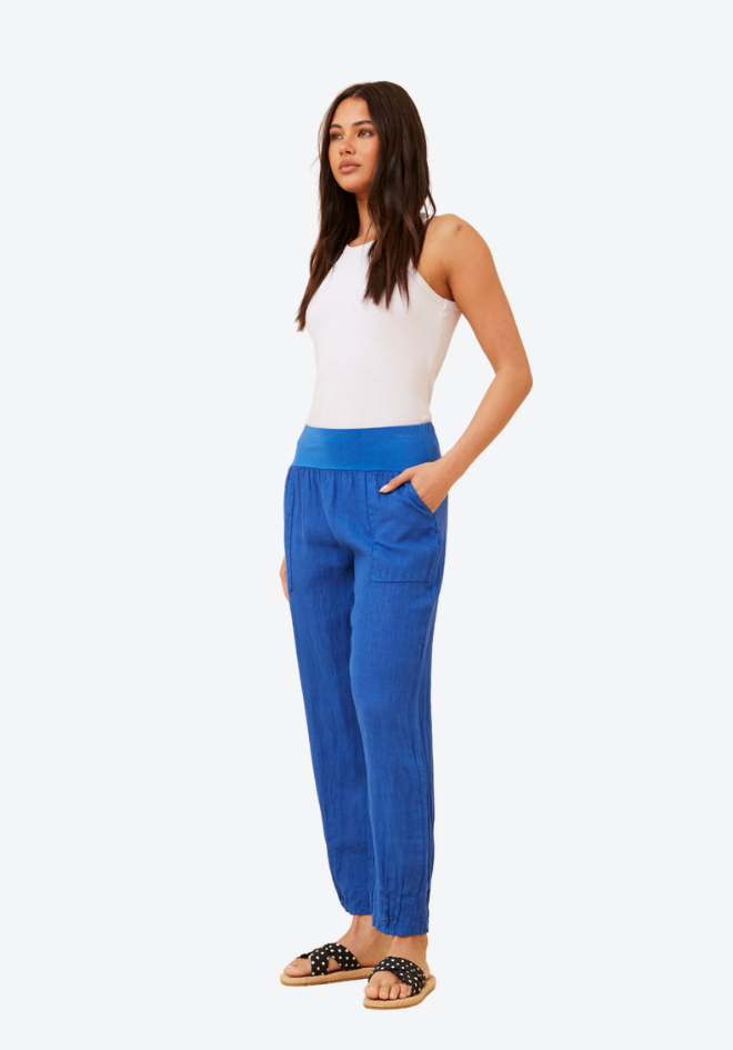 Bottega Moda Cobalt Sorrento Linen Pants — cropped front view showing the elasticated waistband and side pockets, styled with a white top, available in Australia at Kat and Ko Clothing