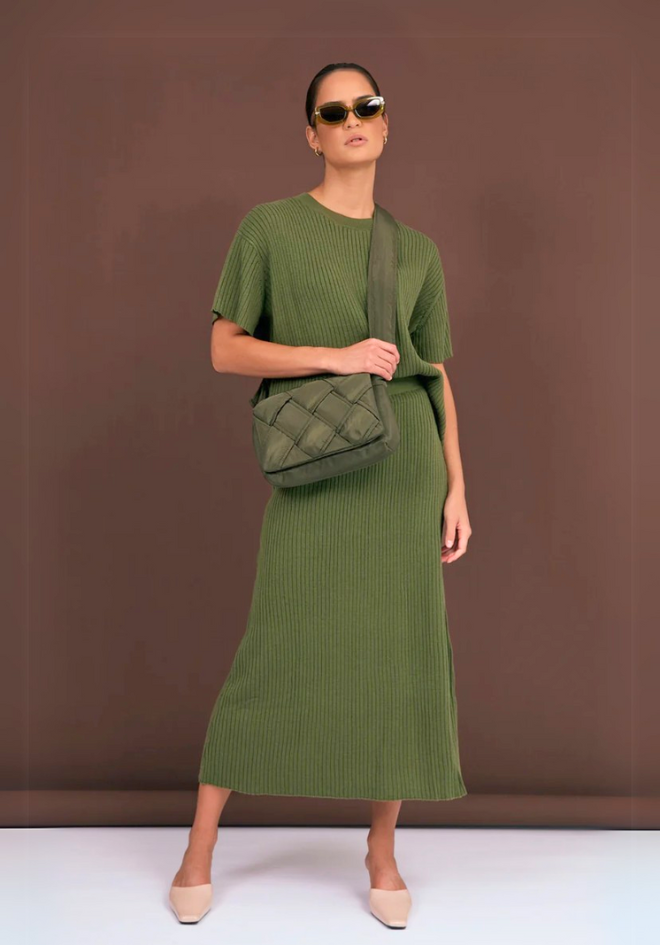 Taylor Rib Knit Midi Skirt - Khaki