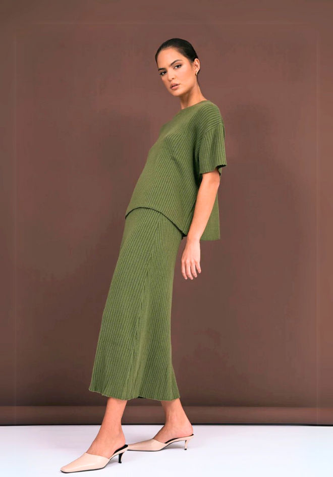 Taylor Rib Knit Midi Skirt - Khaki