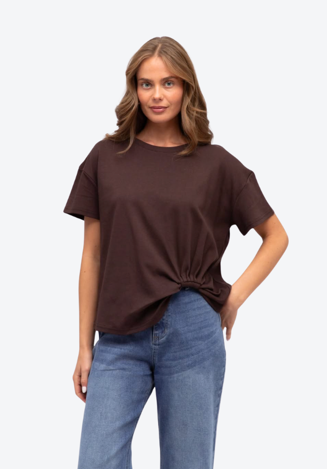 Easy Tuck Tee - Dark Chocolate by Label of Love, front view of a dark chocolate short-sleeve tee styled with blue jeans, available in Australia at Kat and Ko Clothing