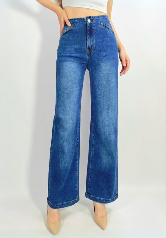 Blue jeans worn by a person on a white background