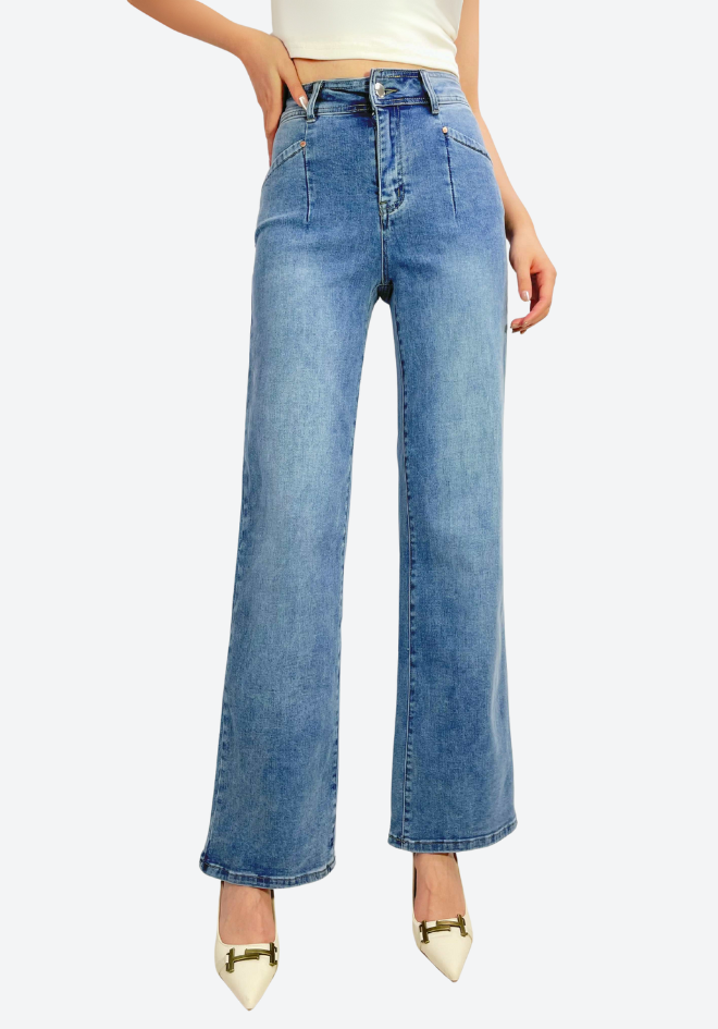 Blue jeans worn by a person on a white background