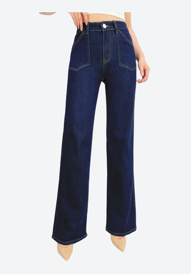 Dark blue jeans worn by a person on a white background