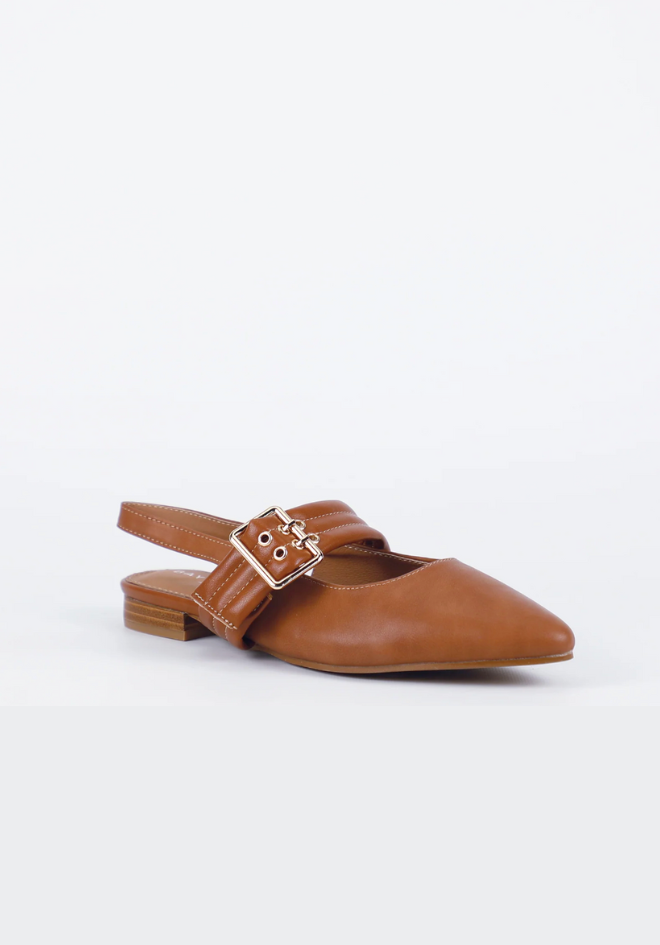 Brown leather flat shoe with a gold buckle on a white background