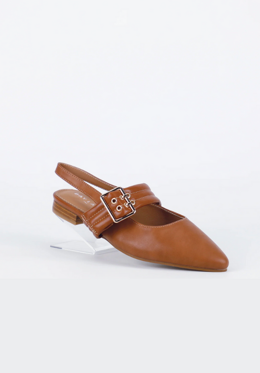 Brown shoe with a buckle on a white background