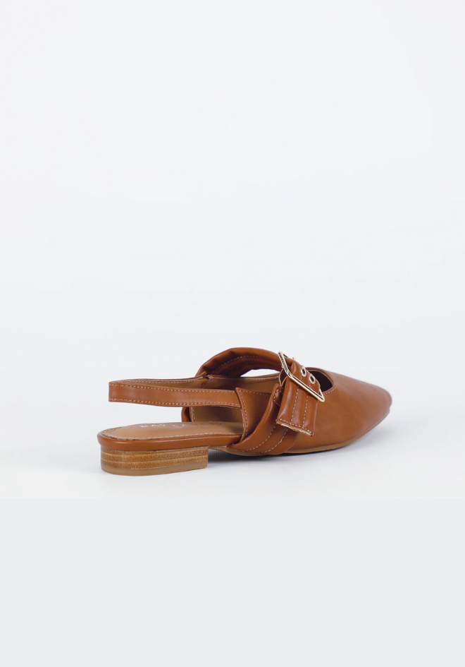 Brown leather sandal with a strap on a white background