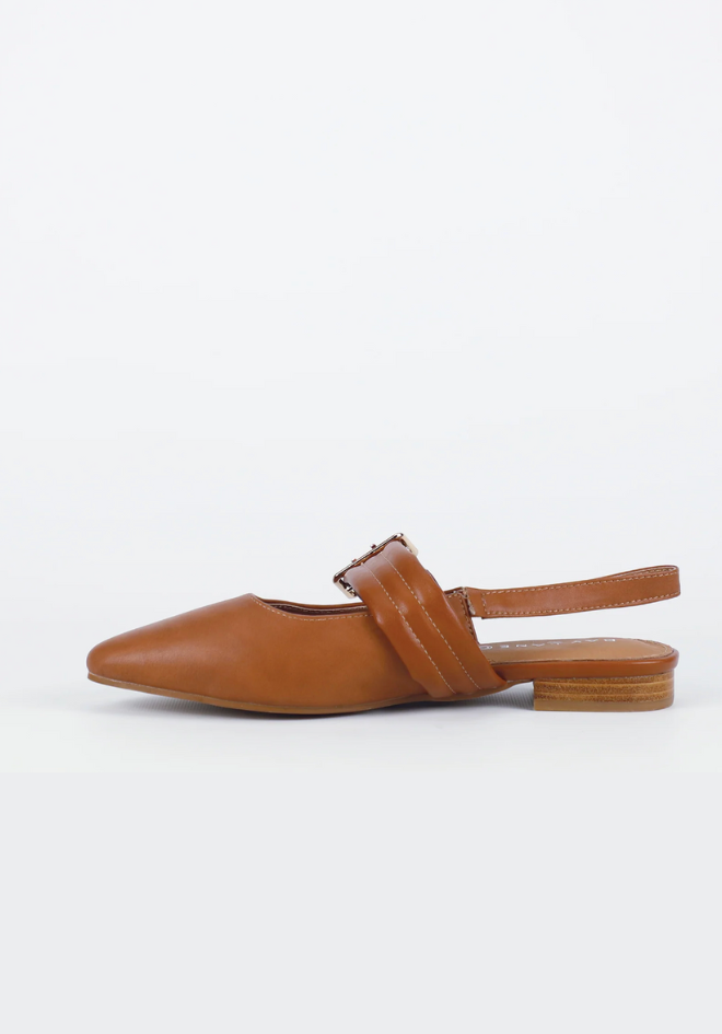 Brown leather shoe with a strap on a white background