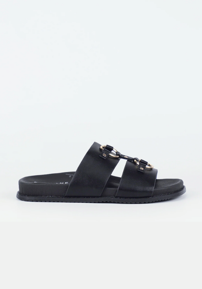 Black sandal with a gold buckle on a white background