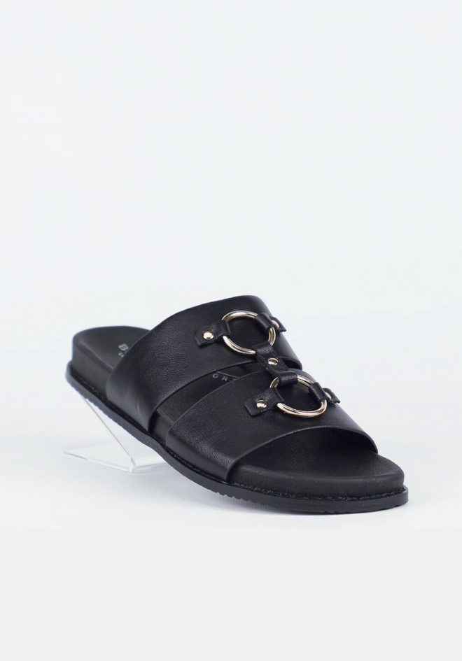 Black sandal with gold accents on a white background