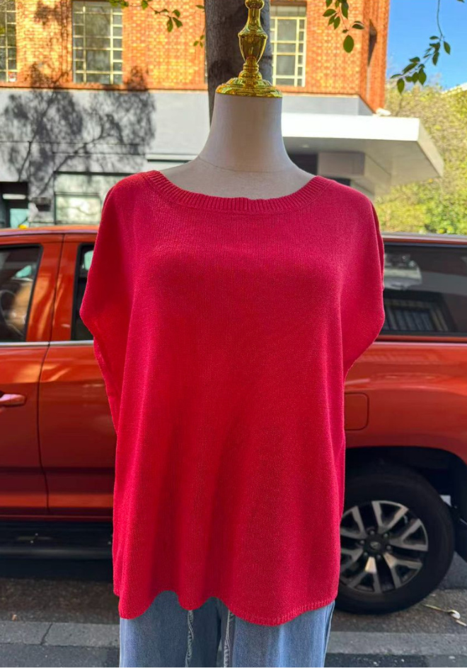 Mannequin wearing a red sweater with a car and building in the background