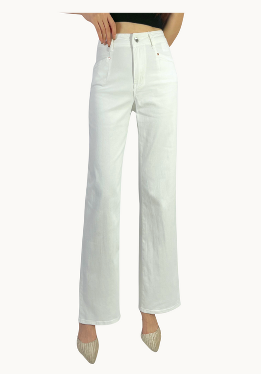 White jeans worn by a person on a white background