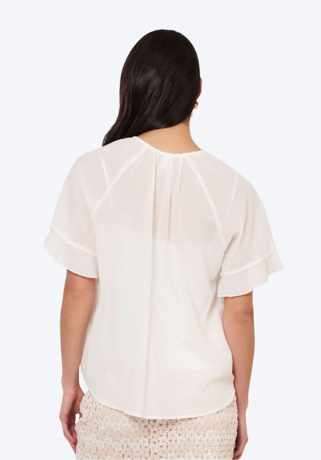 Woman wearing a white blouse with a plain background