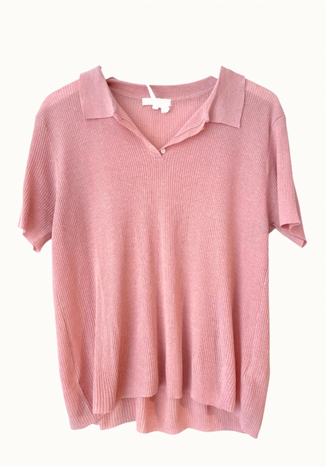 Pink short-sleeve shirt with collar on a white background