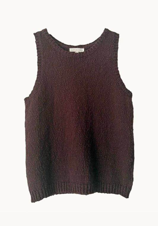 Brown knitted sleeveless sweater on a white background