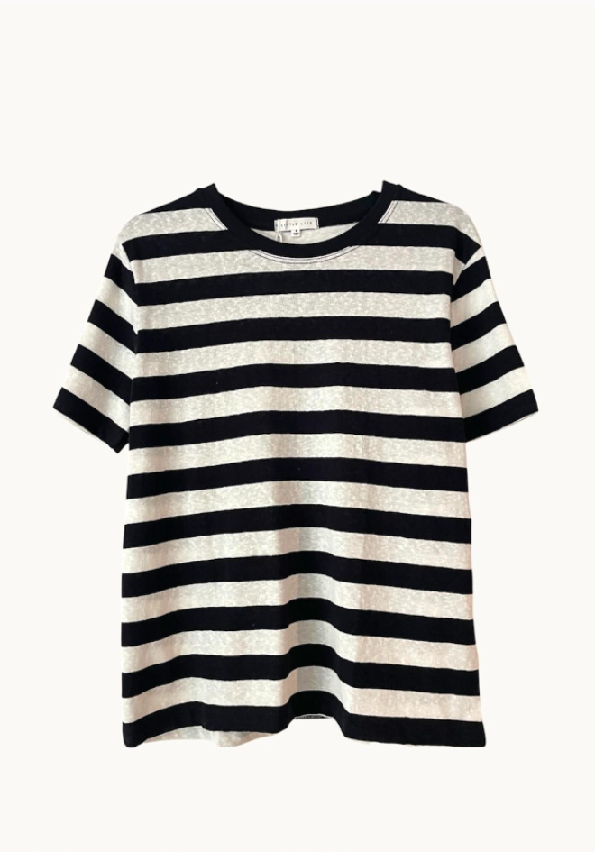 Black and white striped t-shirt on a white background