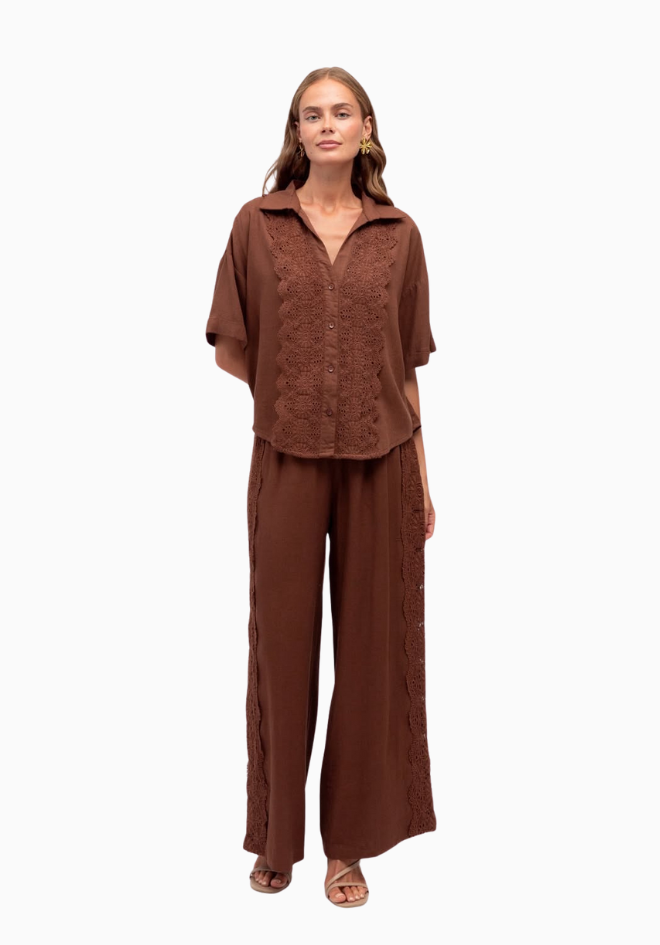 Lila Lace Trim Pants - Chocolate