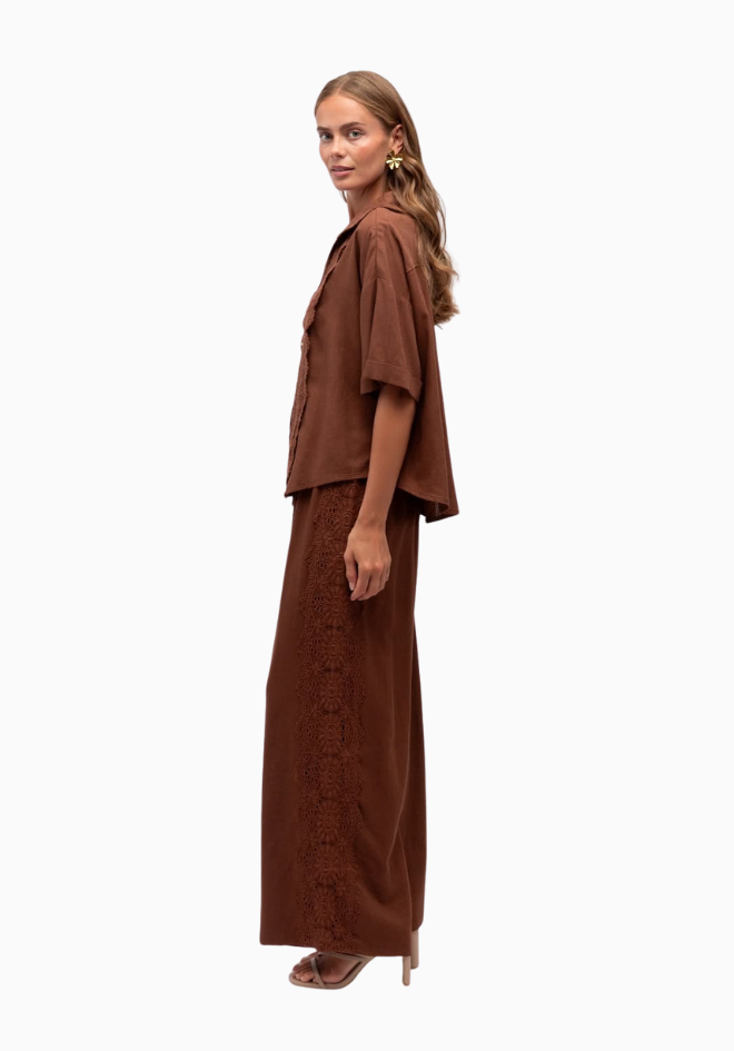 Lila Lace Trim Pants - Chocolate