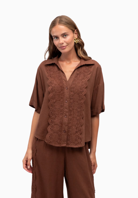 Lila Lace Trim Shirt - Chocolate