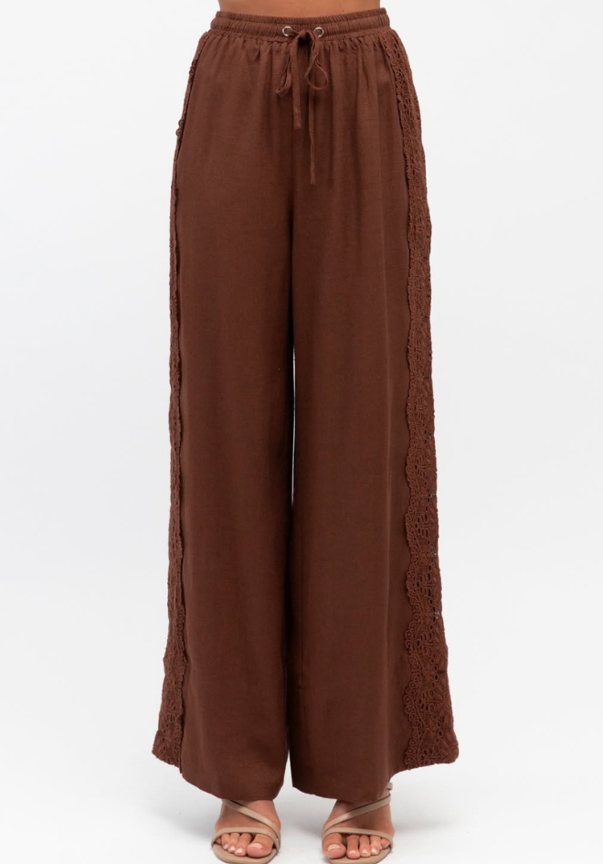 Lila Lace Trim Pants - Chocolate