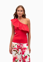 Emily Frill Top in Red by Label of Love — one shoulder frill ribbed 100% cotton top with elastic neckline, full length front view