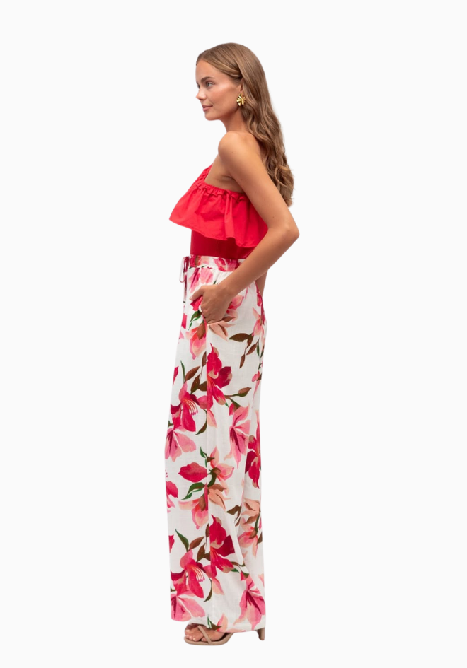 Label of Love Emily Frill Top Red — side view of one shoulder frill cotton top with ribbed body, elastic neckline detail
