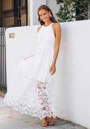 Bella Lace Maxi Label of Love — lifestyle close-up detail of tiered lace fabric and self-fabric waist-tie