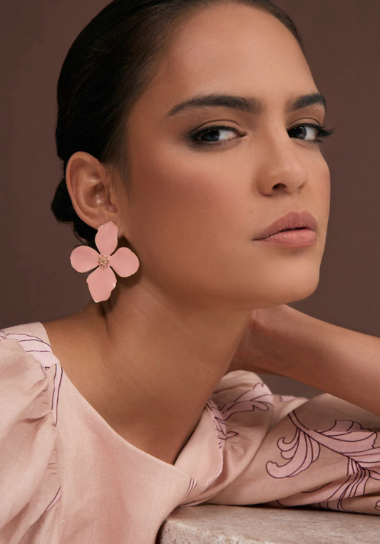 Enamel Painted Floral Earrings - Pink
