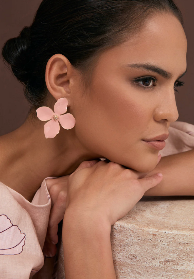 Enamel Painted Floral Earrings - Pink