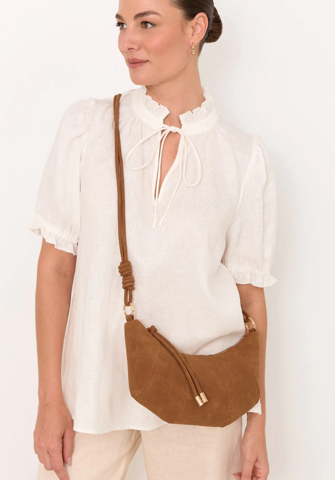 Curved Panel Faux Suede Bag - Tan