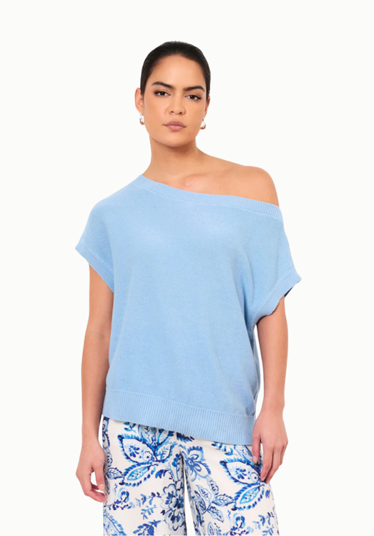 Terrie Angled Neckline Cotton Knit Top - Blue