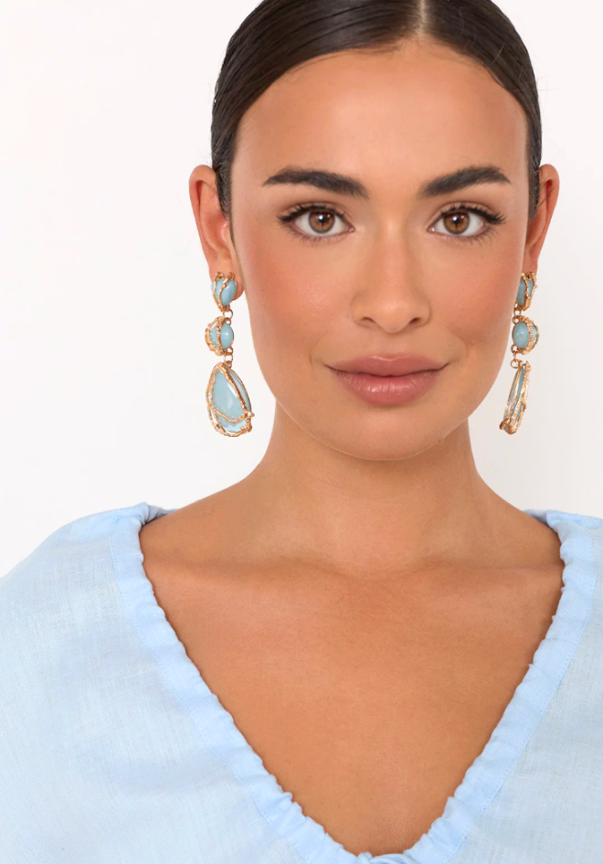 Metal Framed Resin Drop Earrings - Blue