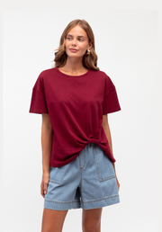 Easy Tuck Tee in Wine by Label of Love — close-up front detail of rolled hem on soft stretch cotton elastane tee