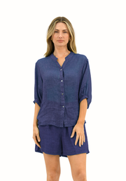 Aurora Linen Top in Navy by Worthier — lightweight linen button-up top with mid-length sleeves, full length front view
