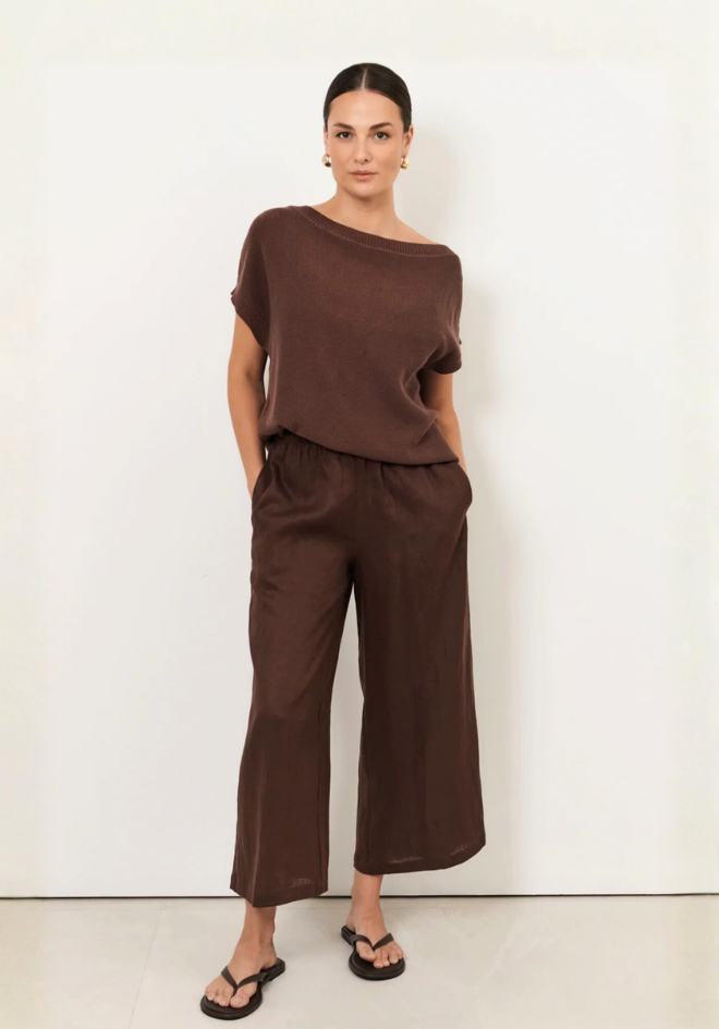 Terrie Angled Neckline Cotton Knit Top - Chocolate