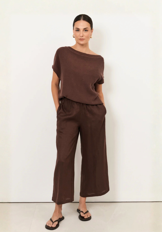 Terrie Angled Neckline Cotton Knit Top - Chocolate
