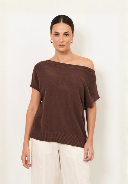 Terrie Angled Neckline Cotton Knit Top - Chocolate