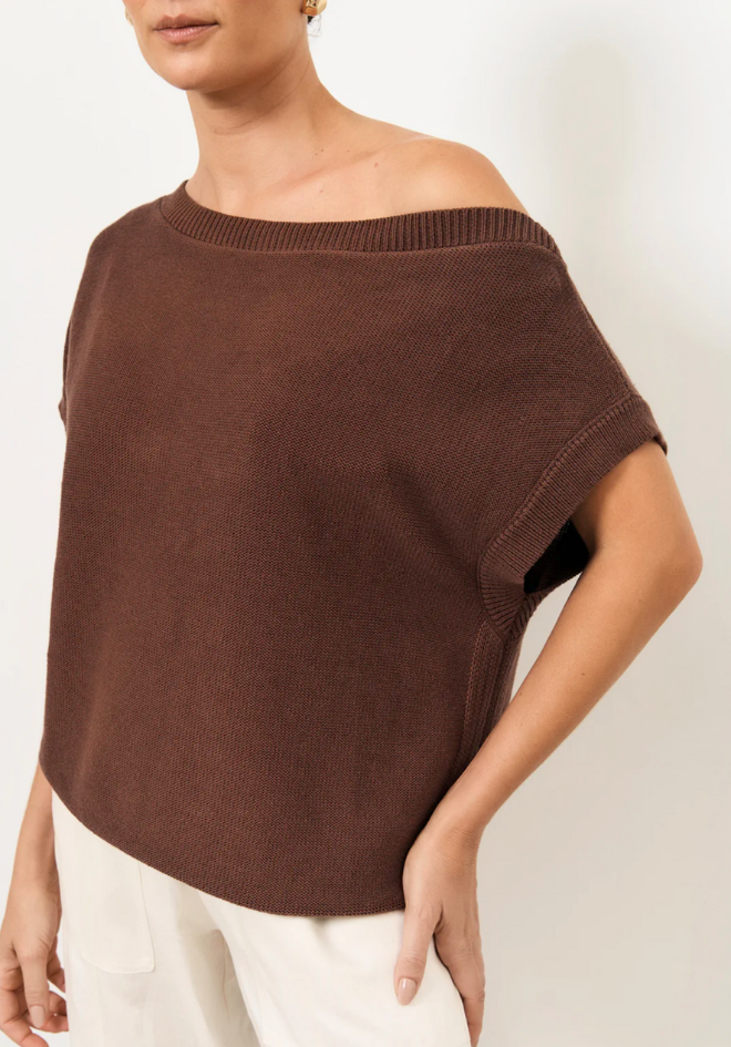 Terrie Angled Neckline Cotton Knit Top - Chocolate