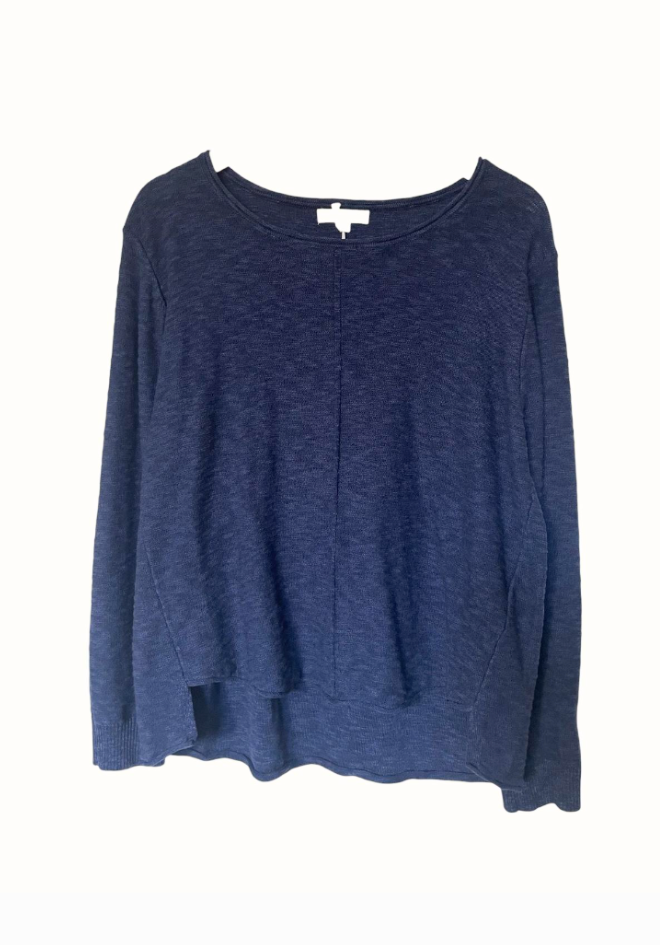 Little Lies Sacha Top Navy — flat lay of navy oversized long sleeve knit top with scoop neckline, button placket detail and curved hem, shop in Australia at Kat and Ko Clothing