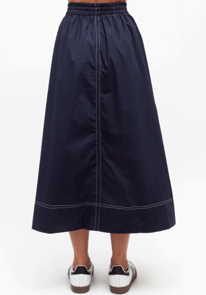 Bella Midi Skirt Navy Label of Love — close-up back view of navy midi skirt with contrast stitch detail and elasticated waist tie
