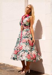Donatella Shirt Dress by Ave The Label — cotton linen blend shirt dress with hot pink detailing, button-through front and collar, full length front view