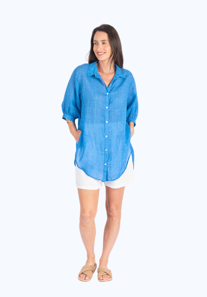 Athena Linen Top - Cobalt Blue